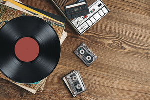 Vinyl Records Cassette Tapes Cassette Recorder Wooden Table Retro Music