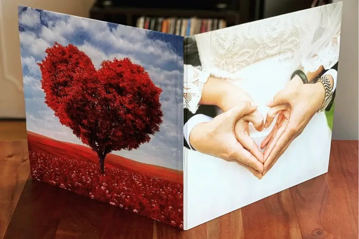 Customized vinyl dust jacket with wedding photos.